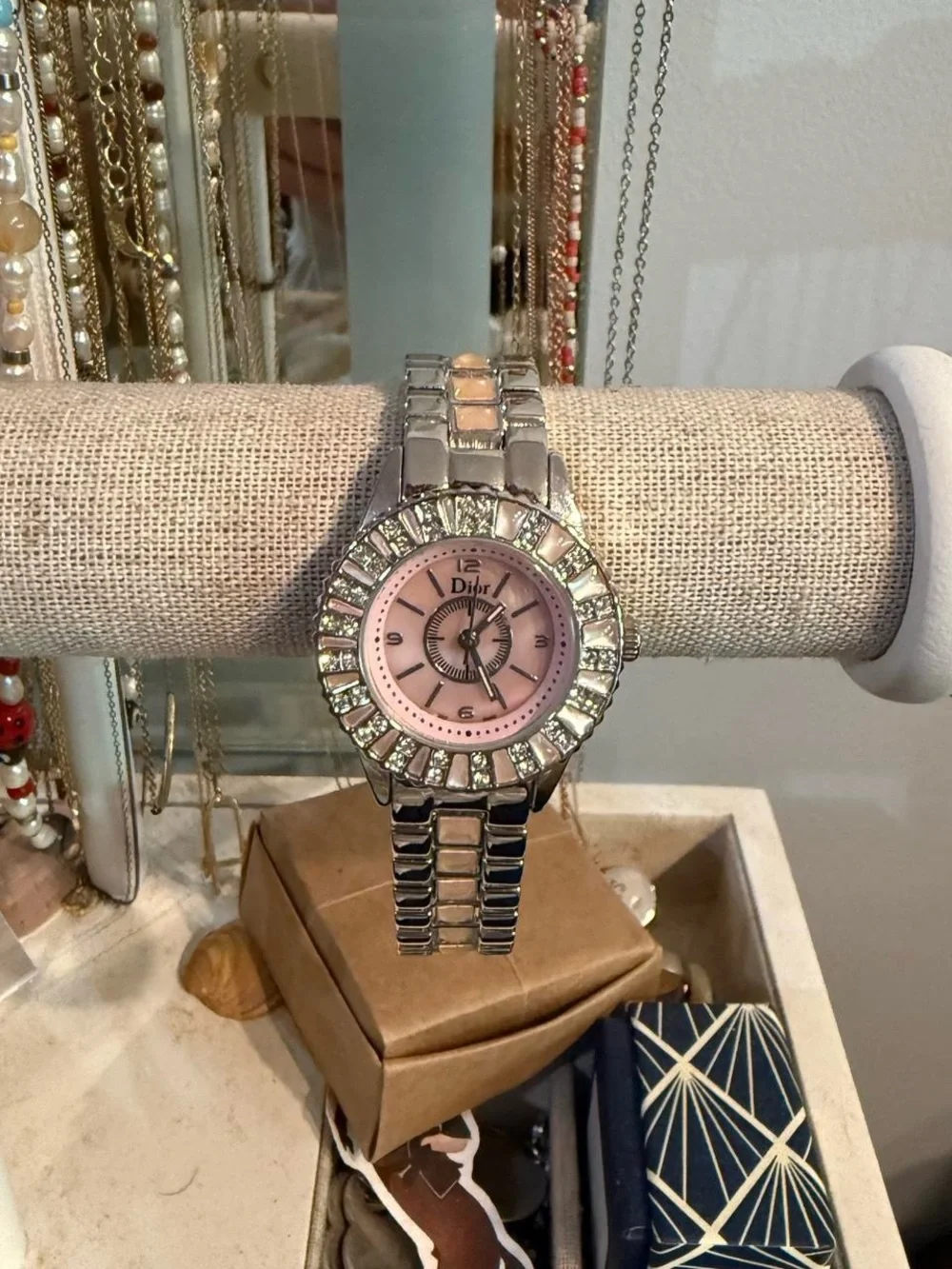 Dior Silver Watch with Pink Mother of Pearl Dial and Crystal Bezel